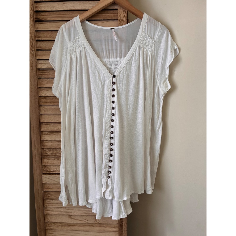 Free People Boho White Linen Blend Button Front Smocked Tunic Top Large